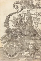 De triomfwagen van Maximiliaan I De grote triomfwagen [plaat 1 van 8], 1523 Latijnse editie