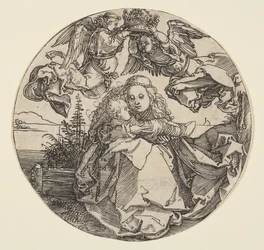 De Maagd en het Kind gekroond door twee engelen boven een landschap, ca. 1504
