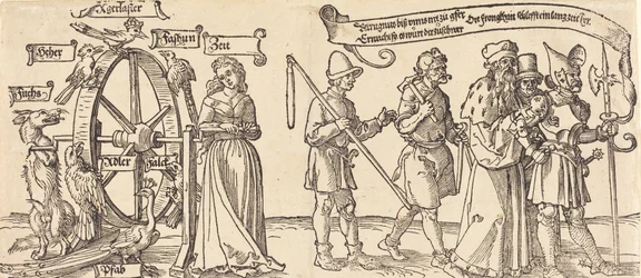 Tijd en een vos die het rad van fortuin draait met mensen van alle rangen aan de rechterkant, waarschijnlijk 1526
