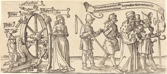 Tijd en een vos die het rad van fortuin draait met mensen van alle rangen aan de rechterkant