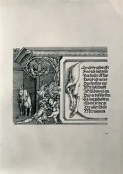 Triomfboog van Keizer Maximiliaan I van Duitsland: detail van een hertenhuid met een inscriptie en een geit