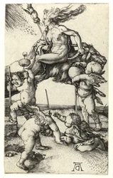Heks die achterwaarts op een geit rijdt, circa 1505