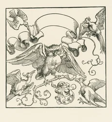Een uil aangevallen door vier andere vogels, c.1515 (houtsnede)