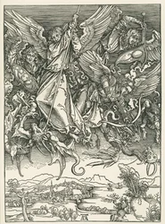 Aartsengel Michael vecht tegen de draak. De Openbaring van Johannes, c.1498 (houtsnede)