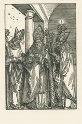Bisschop Sint Nicolaus, de heiligen Ulrich en Erasmus, ca.1505 (houtsnede)