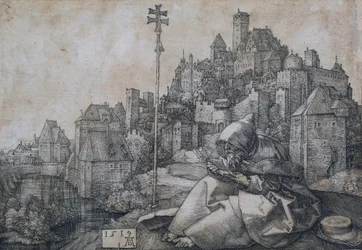 Sint Antonius zittend tegenover een stad