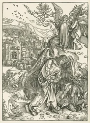 De engel met de sleutel die de draak in de afgrond werpt en een andere engel die de heilige Johannes het nieuwe Jeruzalem toont, ca. 1497-98 (houtsnede)
