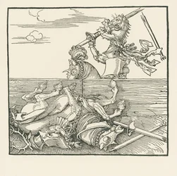 Het buitenlandse toernooi. Maximiliaan heeft zijn tegenstander Jacop de Heri uit het zadel getild, ca. 1517-18 (houtsnede)
