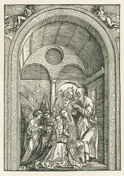 De Heilige Familie met twee engelen in een portiek, c.1503-04 (houtsnede)