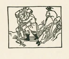 De Priester ligt in de weide, een raaf kwaakt op een holle steen, c.1489-90 (houtsnede)