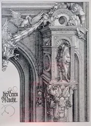 De triomfboog van keizer Maximiliaan I (1459-1519): detail van de centrale boog (de Poort van Eer en Macht) met een blad- en geanimeerd zuilkapiteel dat een ridder ondersteunt die in een architectonische nis staat, een figuur die een kant van een hangend c