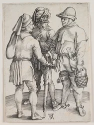 Drie boeren in gesprek, ca. 1497 (gravure)
