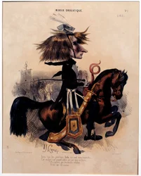 Cartoon die componist Franz Liszt afbeeldt door Alcide Joseph Lorentz uit "De drolatische spiegel" 1842