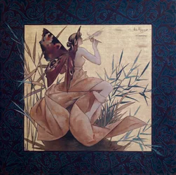 Compositie met gevleugelde nimf tussen het riet - Schilderij van Alexandre de Riquer i Ynglada (1856-1920)