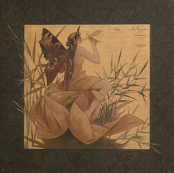 Compositie met gevleugelde nimf tussen het riet