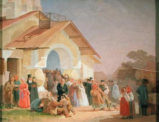 Uit een kerk komen in Pskov