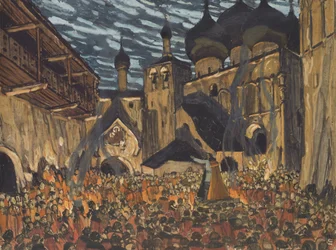 Toneelontwerp voor de opera De dienstmaagd van Pskov door N. Rimsky-Korsakov