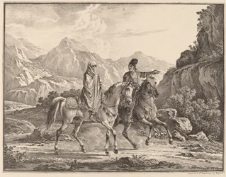Man en gesluierde vrouw te paard