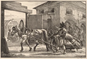 Slee beladen met meel geleid door een Isvoschik