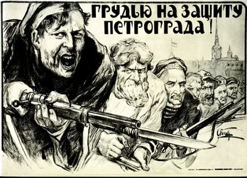 Russische Revolutie. Propagandaposter door Alexander Petrovich Apsit (1880-1944): Verdedig de moed van Petrograd! - 1919. Bajonetgeweer.