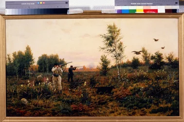 Jacht op korhoenders. Jachttafereel. Schilderij van Alexei Danilovich Kivshenko (1851-1895)