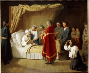 De eucharistie aan de stervende. Een priester van de orthodoxe kerk bezoekt een zieke vrouw om haar het sacrament te geven, omringd door haar familieleden. Schilderij van Alexei Gavrilovich Venetsianov