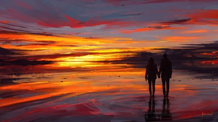 Romantische strandwandeling bij zonsondergang