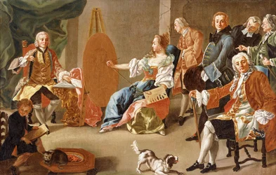 Een allegorie van schilderkunst: een elegant gezelschap in een interieur met een heer die poseert voor zijn portret