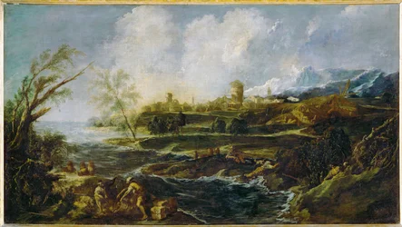 Landschap met een man en kist op de rivieroever ...
