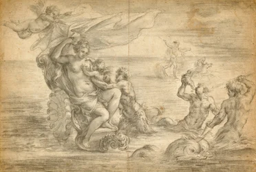 Venus Zittend in haar Zeewagen Zoogt Cupido