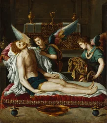 Het lichaam van Christus gezalfd door twee engelen