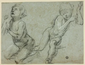 Schetsen van twee Putti, één die hand van dode Christus vasthoudt (recto); romp en benen van knielende figuur (verso)