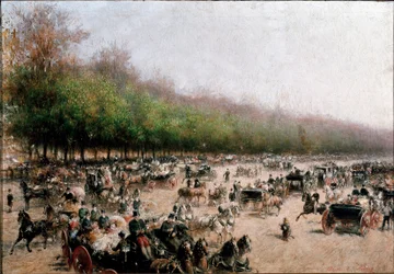 Zicht op het verkeer van koetsen nabij Porta Venezia in Milaan (schilderij, ca.1850)