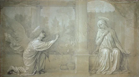 De annunciatie, voorbereidende tekening voor de Cappella Raffo fresco in de Misericordia begraafplaats, Siena