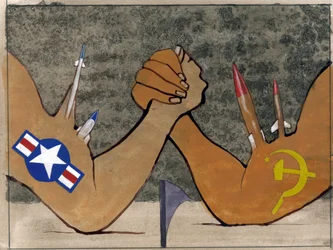 Allegorische voorstelling van de koude oorlog als een armpje drukken tussen de strijdkrachten van Amerika en de Sovjet-Unie Illustratie door Alessandro Lonati