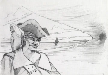 Caraïbische piraat met papegaai op zoek naar een schat in een grot op een strand, met galjoen