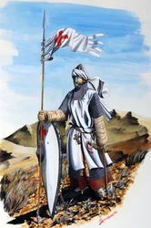 Kruistochten: een ridder van de Orde van Tempeliers met een witte mantel met het Rode Kruis.