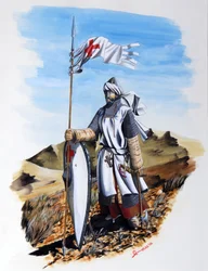 Kruistochten: een ridder van de Orde van Tempeliers met een witte mantel met het Rode Kruis