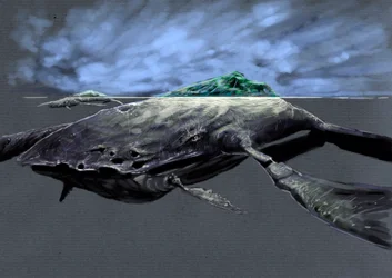 Fantastische monsters en wezens, cryptozoologie: representatie van een zaratan, monsterlijke zeeschildpad, lijkend op een eiland