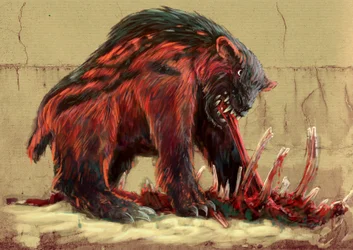 Fantastische monsters en wezens, cryptozoologie: de Nandi-beer, die de savannen van Tanzania en Kenia bewoont (kerit, chimit, kikambungure, duba en sabroukoo) - (Nandi-beer, ook bekend als Ngoloko) Tekening van Alessandro Lonati, 2012