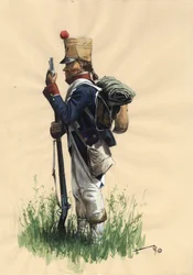 Eerste Keizerrijk (1804-1814 en 1815): Franse infanteriesoldaat van het grote Napoleontische leger in veldkleding
