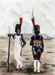 Eerste Keizerrijk: grenadiersoldaten van de Koninklijke Garde van de Grote Napoleontische Armee op het plein van het Sforzesco Kasteel in Milaan, Italië