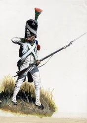 Eerste Keizerrijk: Velite soldaat van het grote Napoleontische leger in Italië die een patroon opent