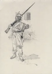 Eerste Keizerrijk (1804-1814 of 1815): soldaat van het Napoleontische leger, infanterist van een brigade ruiters in een fort
