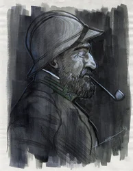 Eerste Wereldoorlog 1914-1918: profielportret van een soldaat van het Italiaanse leger die pijp rookt in 1915