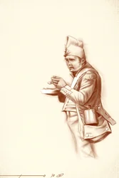 Eerste keizerrijk: lichte infanteriesoldaat tijdens maaltijd tijdens een campagne van Napoleon I (waarschijnlijk in Rusland) Begin 19e eeuw.