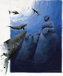 Illustratie van de mythe van het eiland dat verdween onder de Atlantische Zee: walvissen in de diepten van de zee rond de ruïnes van het legendarische eiland.
