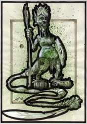 Legendarisch monster voor een fantasy-illustratie: gezicht van een stamwezen of krijger met speer, schild en verenstaart.