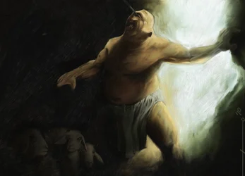 Odyssee van Homeros: de Cycloop Polyphemus wordt verblind door Odysseus in zijn grot. Illustratie door Alessandro Lonati. 2010