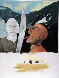 Portret van een piraat die zijn tegenstander uitdaagt door hem met zijn tong aan te raken met de jolly roger vlag op de achtergrond